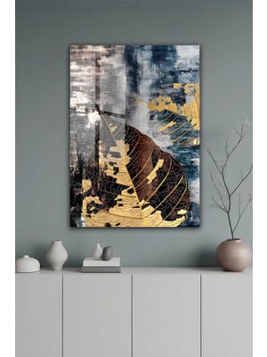 KutuTR Gold Yaprak Detay Lacivert Kahverengi Soyut Desenli Temperli Cam Tablo 50X70CM 2d Uv Baskı - YCT593
