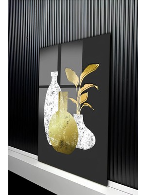 KutuTR Altın ve Beyaz Renkli Soyut Vazo ve Yaprak Desenli Temperli Cam Tablo 50X70 cm 2d Uv Baskı - YCT506