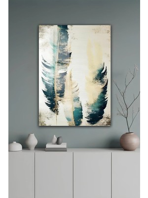 KutuTR Turkuaz ve Bej Tüy Desenli Modern Temperli Cam Tablo 2d Uv Baskı - YCT633