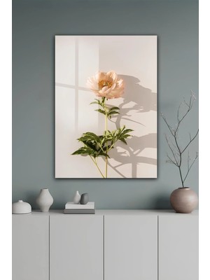 KutuTR Bej Zeminli Somon Şakayık Çiçekli Dekoratif Temperli Cam Tablo 50X70 cm 2d Uv Baskı - YCT555