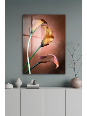 KutuTR Kahverengi Zeminli Soyut Kala Çiçeği Desenli Temperli Cam Tablo 50X70 cm 2d Uv Baskı - YCT547