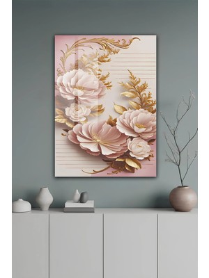 KutuTR Altın Varak Detaylı Pudra Pembe Çiçek Desenli Temperli Cam Tablo 50X70 cm 2d Uv Baskı - YCT540