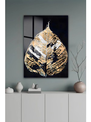 KutuTR Altın Renk Soyut Iskelet Yaprak Desenli Temperli Cam Tablo 50X70 cm 2d Uv Baskı - YCT507