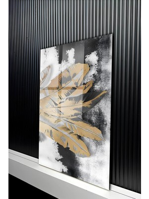 KutuTR Antrasit ve Gold Tonlu Egzotik Yaprak Desenli Temperli Cam Tablo 50X70 cm 2d Uv Baskı - YCT400