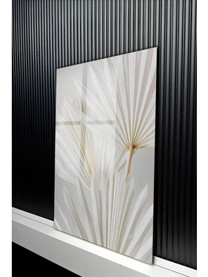 KutuTR Minimalist Beyaz Yelpaze Yaprak Tasarımlı Temperli Cam Tablo 50X70 cm 2d Uv Baskı - YCT416