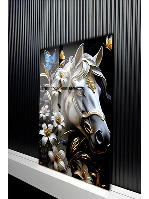 KutuTR Modern Beyaz At ve Çiçek Figürlü Temperli Cam Tablo 50X70 cm 2d Uv Baskı - YCT371