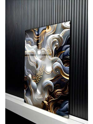 KutuTR Altın ve Lacivert Soyut Dalga Tasarımlı Temperli Cam Tablo 50X70 cm 2d Uv Baskı - YCT366