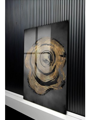 KutuTR Gold Detaylı Antrasit Zeminli Ağaç Halkası Temperli Cam Tablo 50X70 cm 2d Uv Baskı - YCT351
