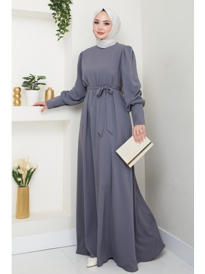 inStyle Balon Kol Düz Model Gri Elbise