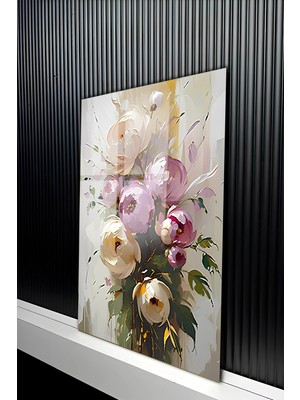 KutuTR Pastel Tonlarda Sanatsal Çiçek Buketi Tasarım Temperli Cam Tablo 50X70 cm 2d Uv Baskı - YCT320