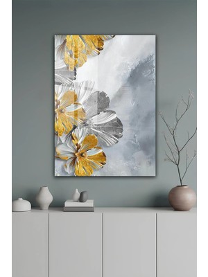 KutuTR Altın ve Gümüş Detaylı Çiçek Desenli Lüks Temperli Cam Tablo 2d Uv Baskı - YCT625