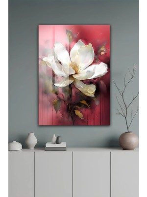 KutuTR Kırmızı Zeminli Beyaz Çiçek Desenli Dekoratif Temperli Cam Tablo 50X70 cm 2d Uv Baskı - YCT573