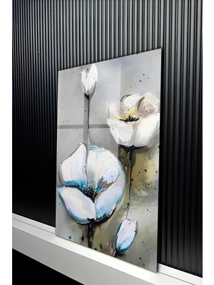 KutuTR Gri Zeminli Beyaz Floral Temperli Cam Tablo 50X70 cm 2d Uv Baskı - YCT447