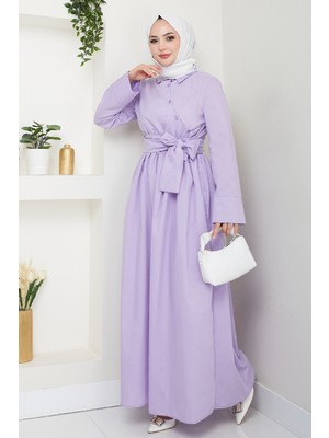 inStyle Asimetrik Düğme Detaylı Lila Elbise