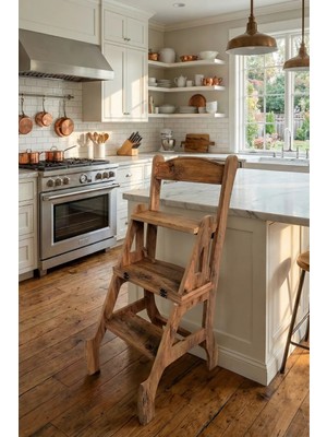 Mutfy Ahşap 3 Basamak Merdiven - Portatif Demonte ve Ergonomik Ev Tipi Sandalye Merdiven 110 Kg Kapasiteli