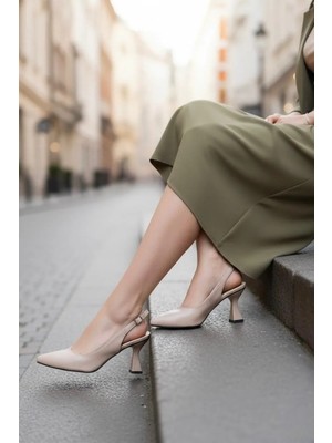 Kadın Arkası Açık Stiletto Ayakkabı Şampanya Topuk