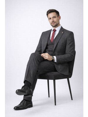 Fabio Cassel Slim Fit  Mono Yaka Çift Yırtmaçlı Astarlı Takım Elbise Yelekli