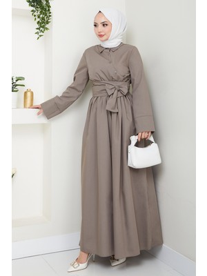 inStyle Asimetrik Düğme Detaylı Vizon Elbise