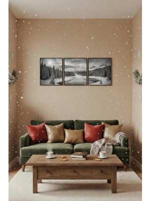Safir Design Siyah Beyaz Kar Manzaralı 3'lü Çerçeveli Panoramik Tablo Seti
