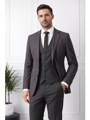 Fabio Cassel Slim Fit  Mono Yaka Çift Yırtmaçlı Astarlı Takım Elbise Yelekli
