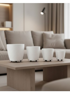 İntora 4’lü 3D Beyaz Ayaklı Saksı Seti Dekoratif Vazo