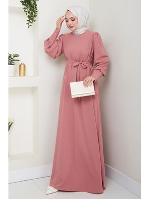 inStyle Balon Kol Düz Model Gül Kurusu Elbise