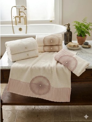 Z&N Style Annem (6.lı Set) Çeyizlik 50X90CM. Kadife Piliseli Dantelli El ve Yüz Lüks Havlu Seti