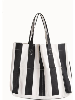 İntora Kadın Kanvas 2 Cepli Günlük Renkli Plaj Omuz Çantası Siyah