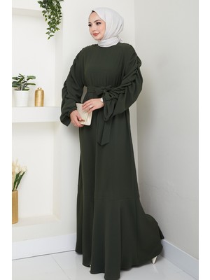 inStyle Krep Lastikli Haki Elbise