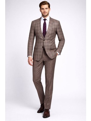 FABIO CASSEL Bej Rengi Kareli Premium Erkek Takım Elbise – Slim Fit Özel Gün & Davet Takımı