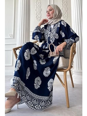inStyle Puantiyeli Etnik Desen Lacivert Viskon Elbise