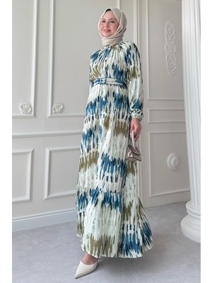 inStyle Kemerli Renkli Ebruli Mavi Viskon Elbise
