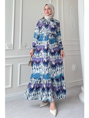 inStyle Kemerli Renkli Ebruli Mor Viskon Elbise