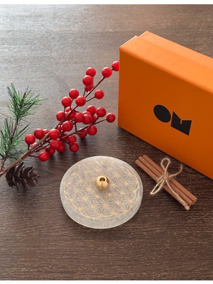 Gold Yaşam Çiçeği Desenli Selenit Taşı Pirinç Tütsülük