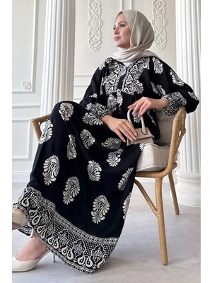 inStyle Puantiyeli Etnik Desen Siyah Viskon Elbise