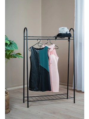 Evle Metal Elbise Askılığı, Çift Raflı Ayakkabılıklı Modern Ayaklı Askılık, Yatak Odası Antre Portmanto