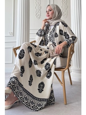 inStyle Puantiyeli Etnik Desen Ekru Viskon Elbise