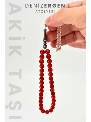 Deniz Ergen Tesbih Orjinal Sertifikalı Akik Taşı 8mm Kırmızı Bilek Boy Küre Kesim Tesbih
