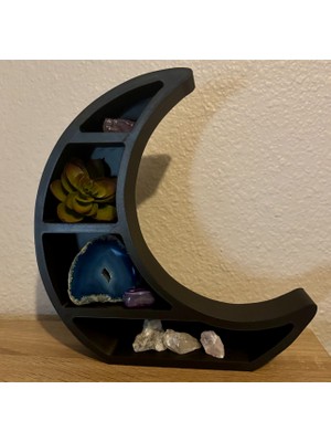 Ay Figürlü Dekoratif Raf – 3D Baskı Siyah Masaüstü Kitaplık & Kristal Taş Standı – Bohem Ev Dekoru