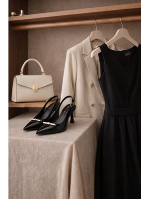 Shaxir Gold Touch Siyah Rugan Sivri Burun Slingback Topuklu Ayakkabı Abiye Düğün Davetiye