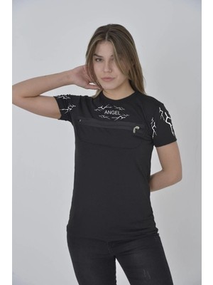 Glam Love Göğüs Fermuarlı Baskılı T-Shirt - Siyah -