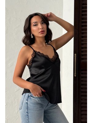 Cemo Kadın Dantel Detaylı Askılı Saten Bluz