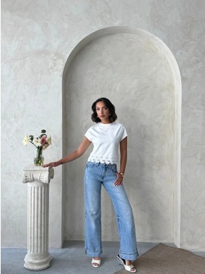 Cemo Kadın Güpür Detaylı Crop Tişört