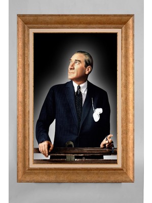 Giyense Altın Varaklı Çerçeveli Paspartulu Atatürk Tablo S5E79