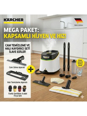 Karcher Yüksek Basınçlı Buharlı Temizlik Makinesi 3.5 Bar Kimyasalsız Hijyen Sağlayan Derz ve Yüzey Temizleyici Buharlı Paspas 30 Saniyede Isınan Hızlı Sistem Sc 3 Deluxe Seti
