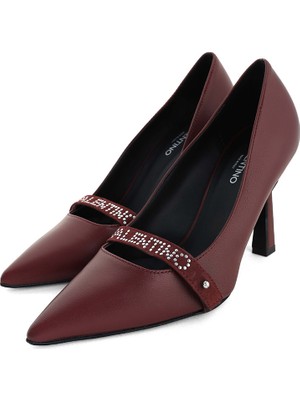 Valentino Kadın Topuklu Ayakkabı Bordo Nappa Deri Kristal Taşlı Bantlı Orta Taban