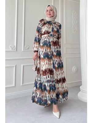 inStyle Kemerli Renkli Ebruli Kahverengi Viskon Elbise