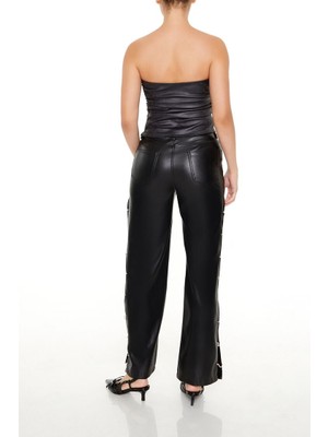 F21 Suni Deri Rhinestone Taşlı Zincir Detaylı Pantolon