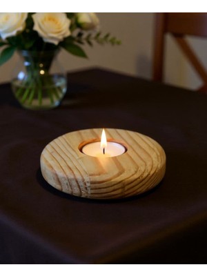 Efholde Ahşap Doğal Dekoratif Yassı Daire Mumluk Şamdan Tekli