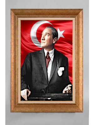 Giyense Altın Varaklı Çerçeveli Paspartulu Atatürk Tablo S5E734